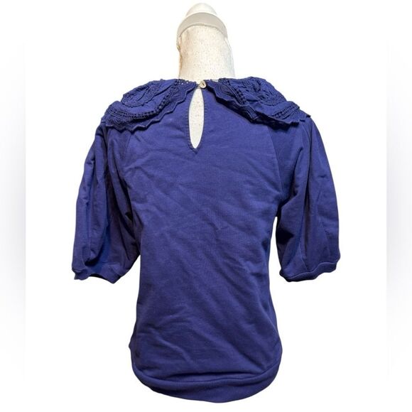 Anthropologie Maeve Short-Sleeve Embellished-Collar Top Size S Blue Peter Pan - Picture 3 of 5